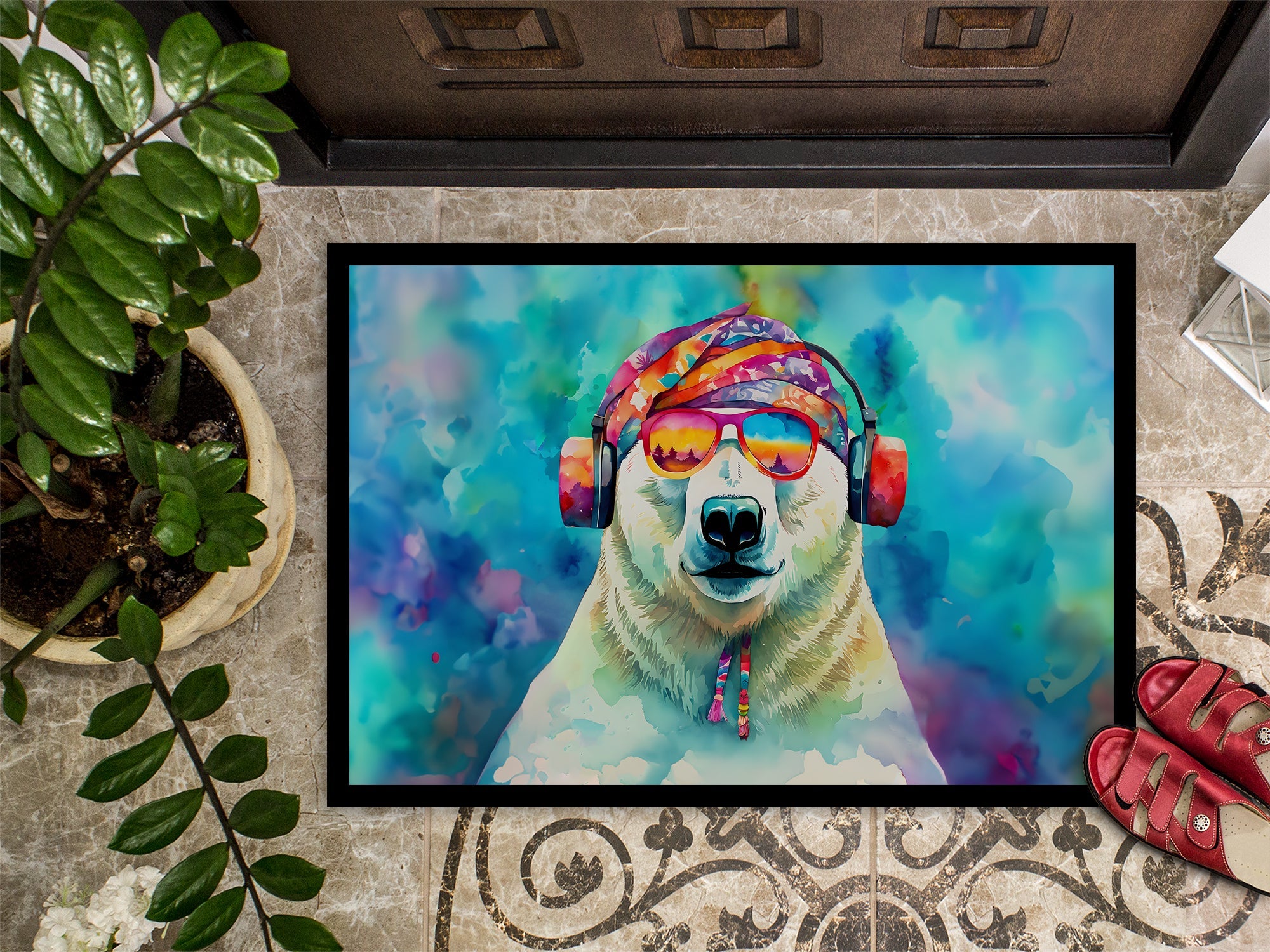 Hippie Animal Polar Bear Doormat Indoor Outdoor 24H X 36W Front Door Mat Rugs for Entryway, Non Slip Washable Low Pile,