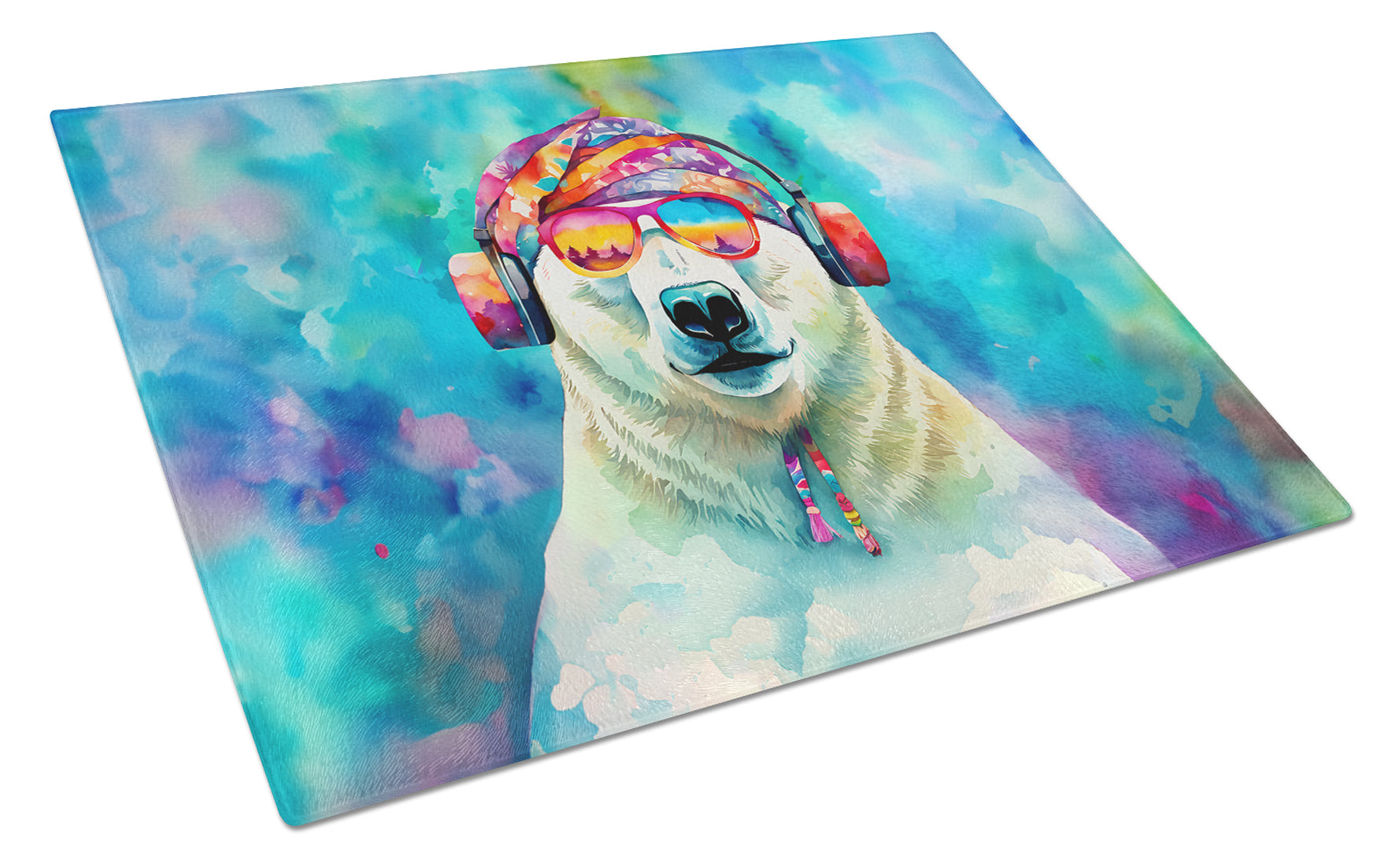 Hippie Animal Polar Bear Cutting Board Tempered Glass Kitchen Cutting Surface, Heat Resistant Chopping, Non-Slip Feet, Food Prep & Serving
