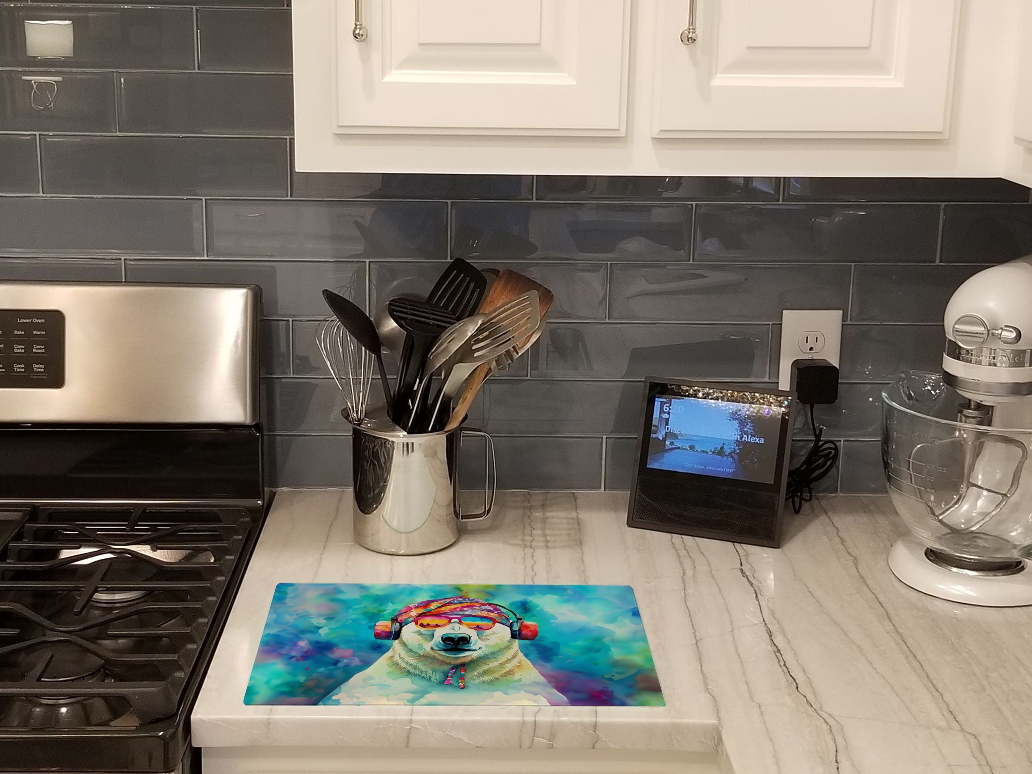 Hippie Animal Polar Bear Cutting Board Tempered Glass Kitchen Cutting Surface, Heat Resistant Chopping, Non-Slip Feet, Food Prep & Serving