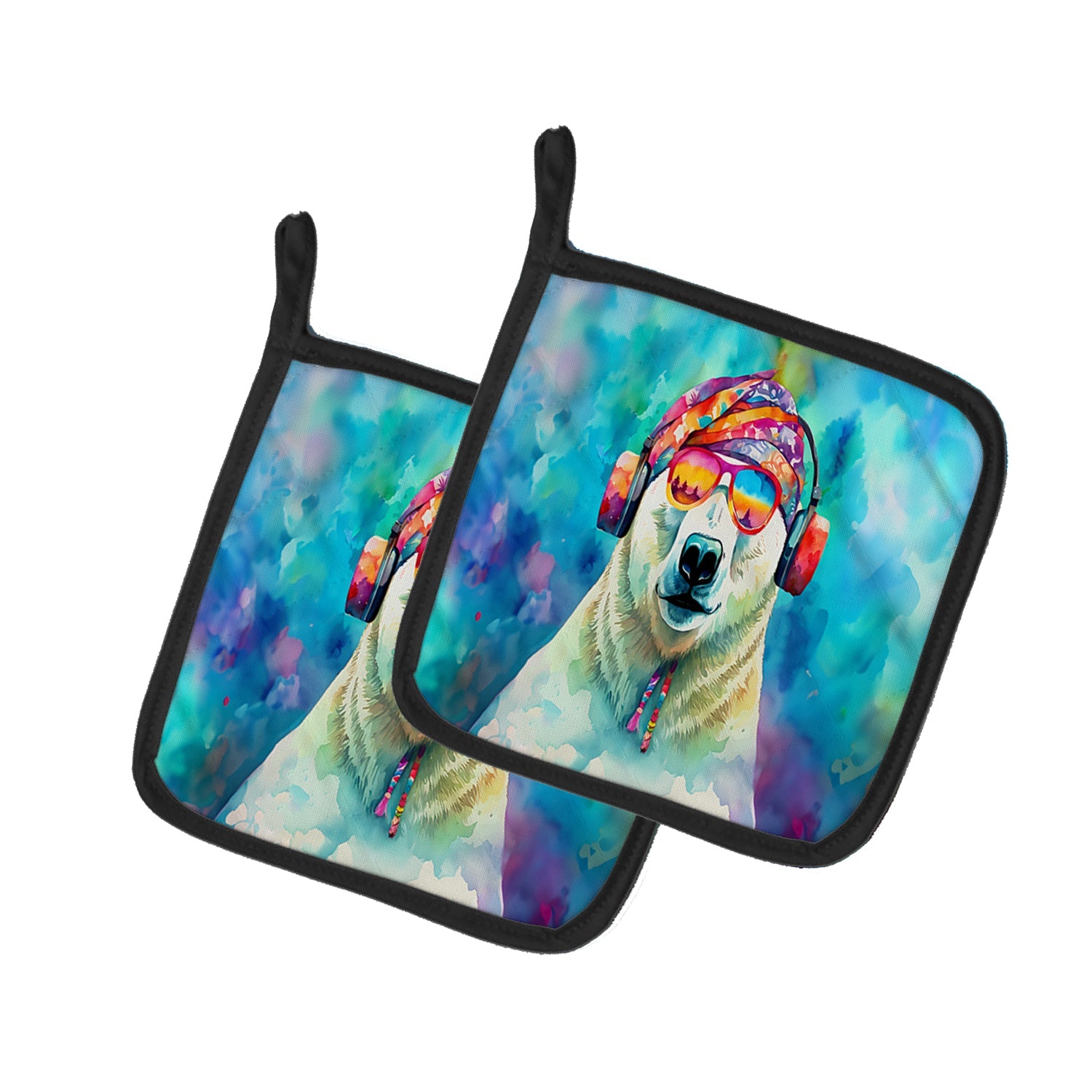 Hippie Animal Polar Bear Pot Holder Set of 2 Heat Resistant Quilted Hot Pads 7.5 x 7.5 Inch, Insulated Kitchen Trivets for Cooking & Baking