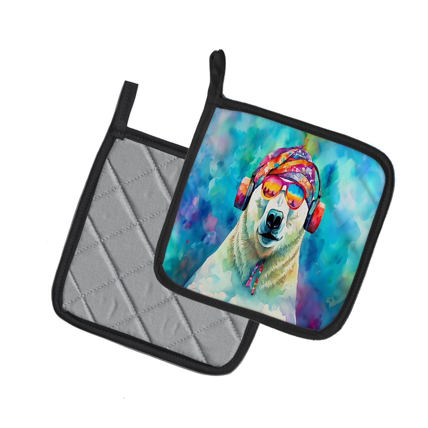 Hippie Animal Polar Bear Pot Holder Set of 2 Heat Resistant Quilted Hot Pads 7.5 x 7.5 Inch, Insulated Kitchen Trivets for Cooking & Baking