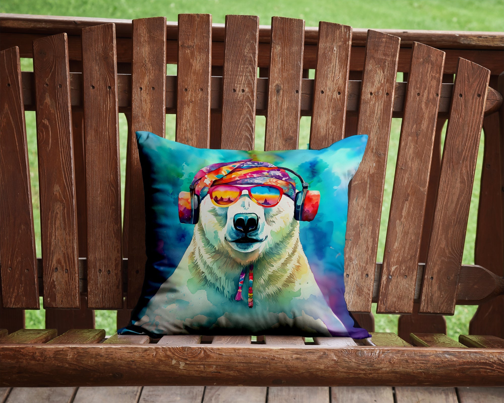 Hippie Animal Polar Bear Decorative Throw Pillow 14x14 Indoor Outdoor Accent Cushion, Fabric Cover with Insert for Sofa, Bed, Porch & Living Room