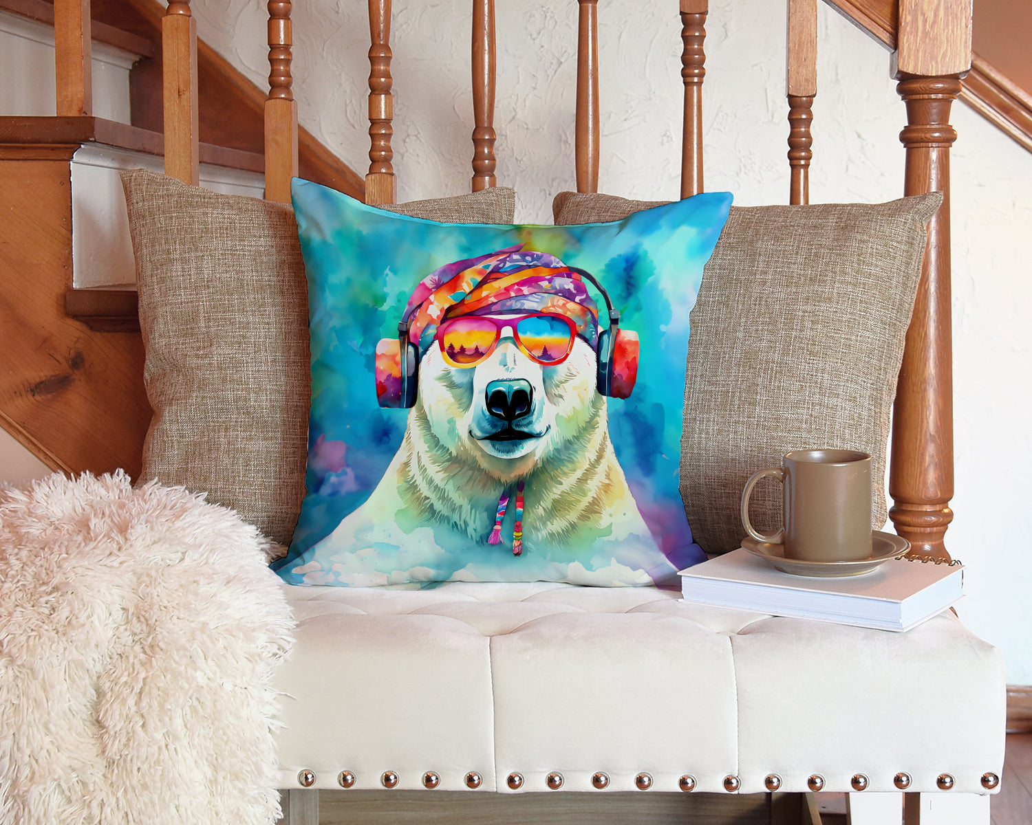 Hippie Animal Polar Bear Decorative Throw Pillow 14x14 Indoor Outdoor Accent Cushion, Fabric Cover with Insert for Sofa, Bed, Porch & Living Room
