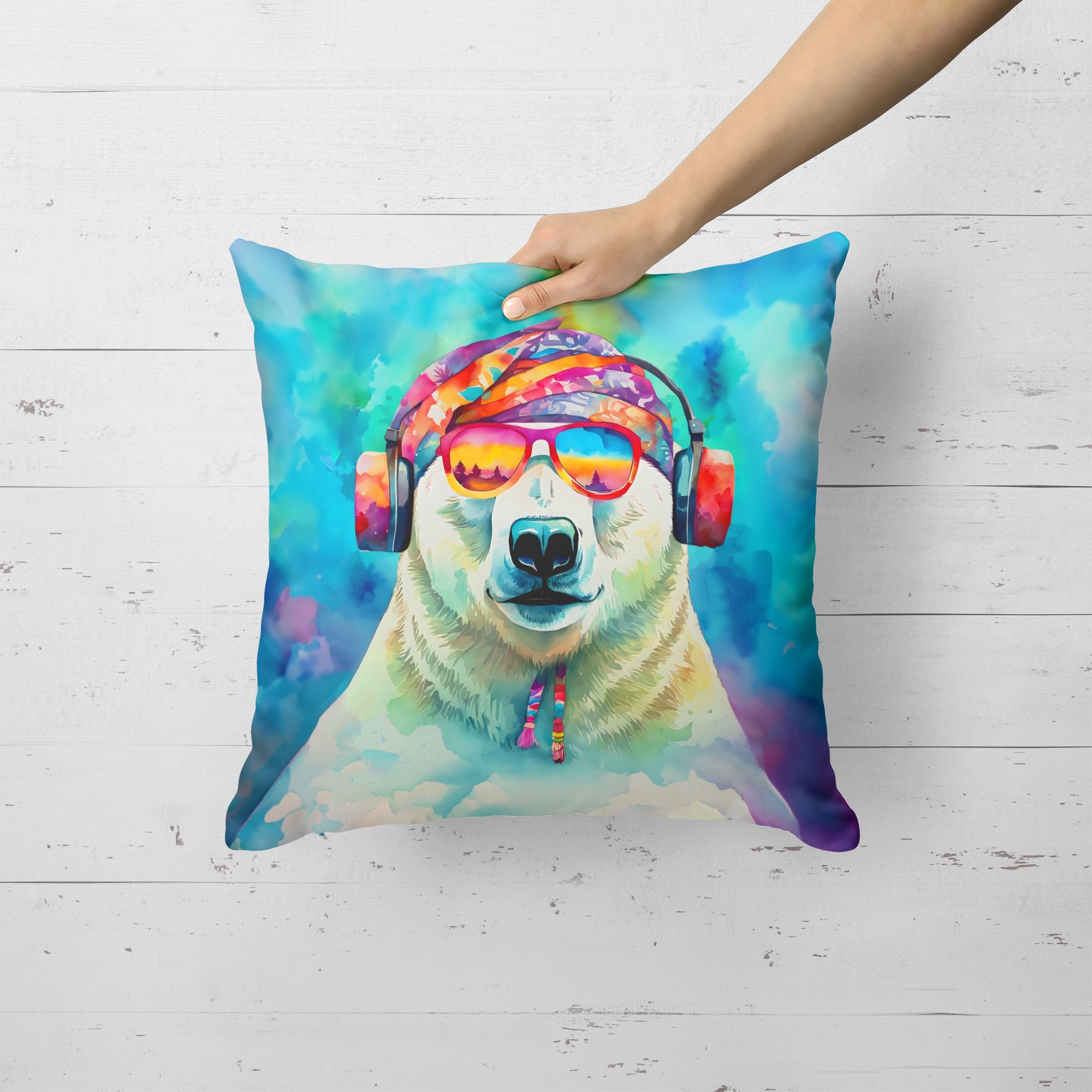 Hippie Animal Polar Bear Decorative Throw Pillow 18x18 Indoor Outdoor Accent Cushion, Fabric Cover with Insert for Sofa, Bed, Porch & Living Room