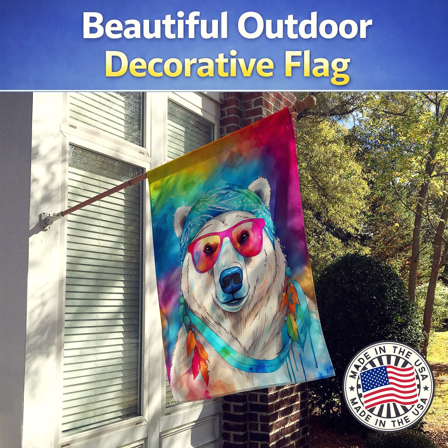 Hippie Animal Polar Bear House Flag 28x40 Porch Sleeve Pole Decorative Outside Yard Banner Artwork Wall Hanging, Polyester