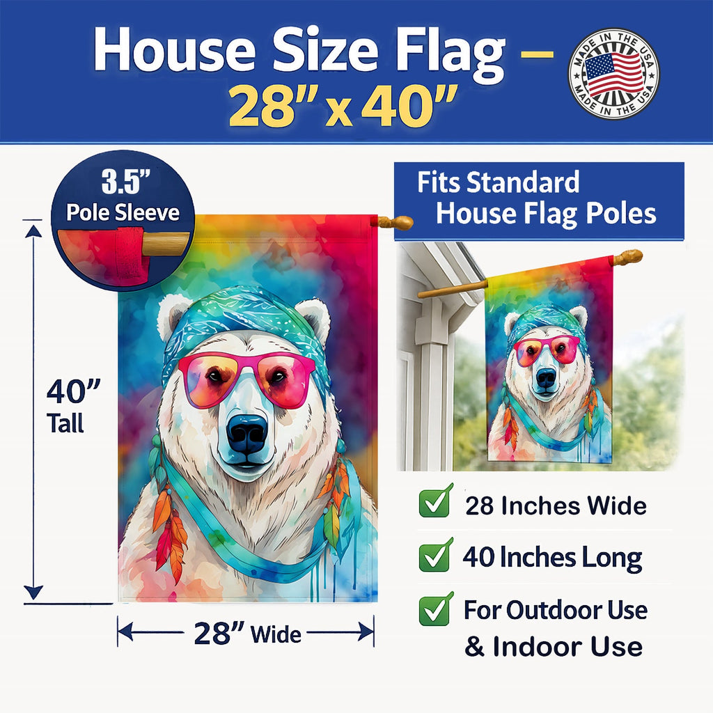 Hippie Animal Polar Bear House Flag 28x40 Porch Sleeve Pole Decorative Outside Yard Banner Artwork Wall Hanging, Polyester
