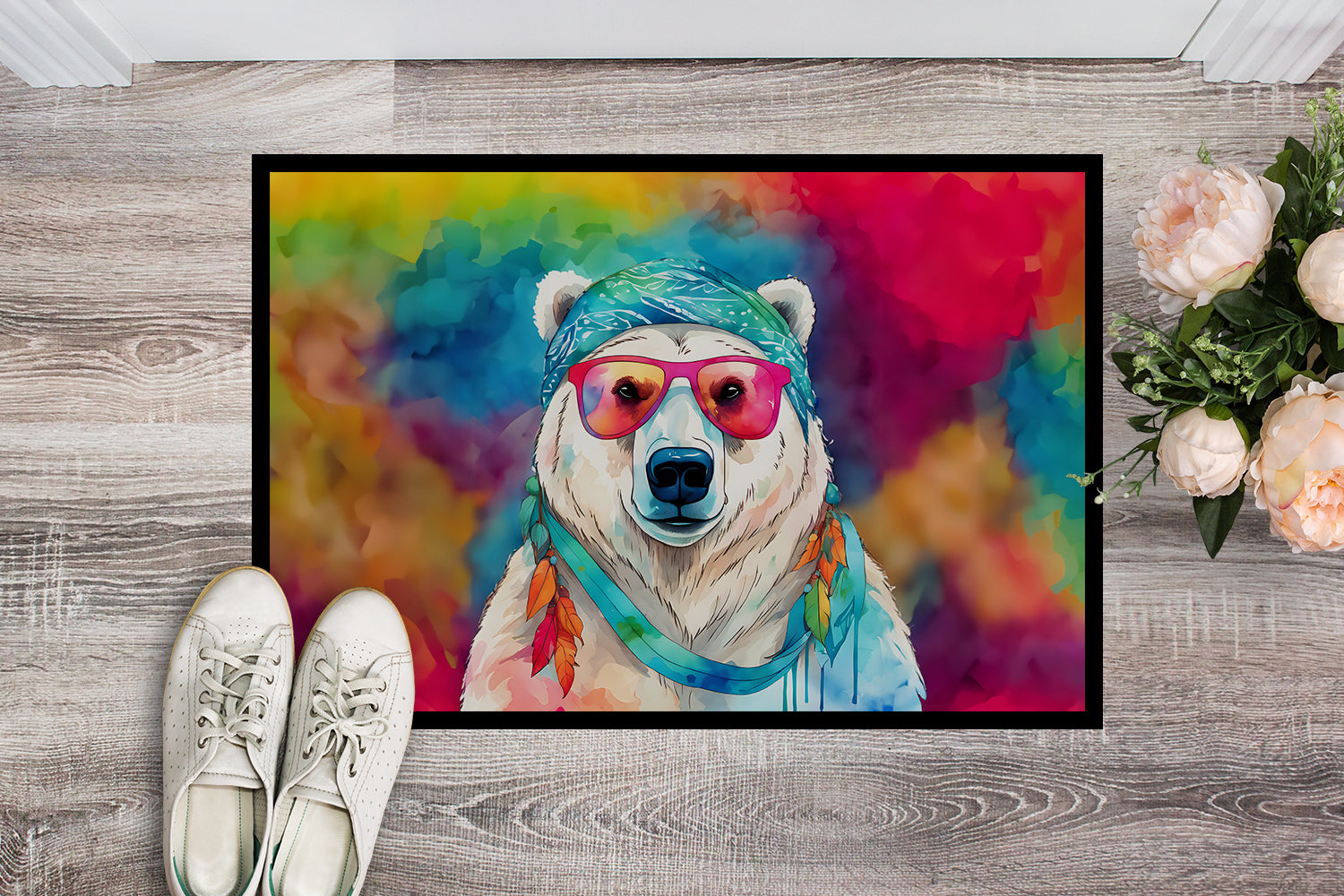 Hippie Animal Polar Bear Doormat Indoor Outdoor 24H X 36W Front Door Mat Rugs for Entryway, Non Slip Washable Low Pile,