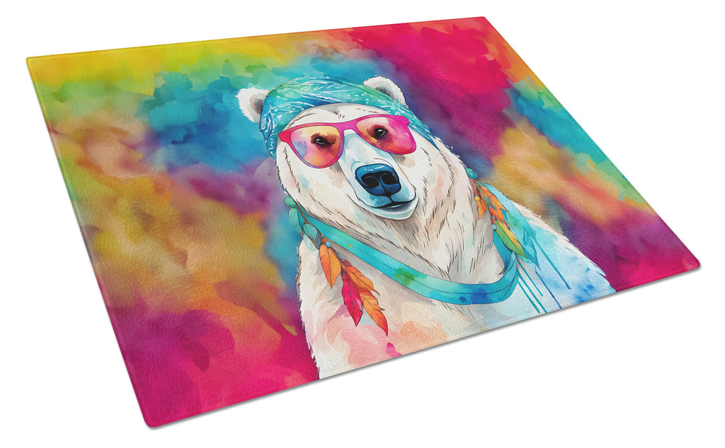 Hippie Animal Polar Bear Cutting Board Tempered Glass Kitchen Cutting Surface, Heat Resistant Chopping, Non-Slip Feet, Food Prep & Serving