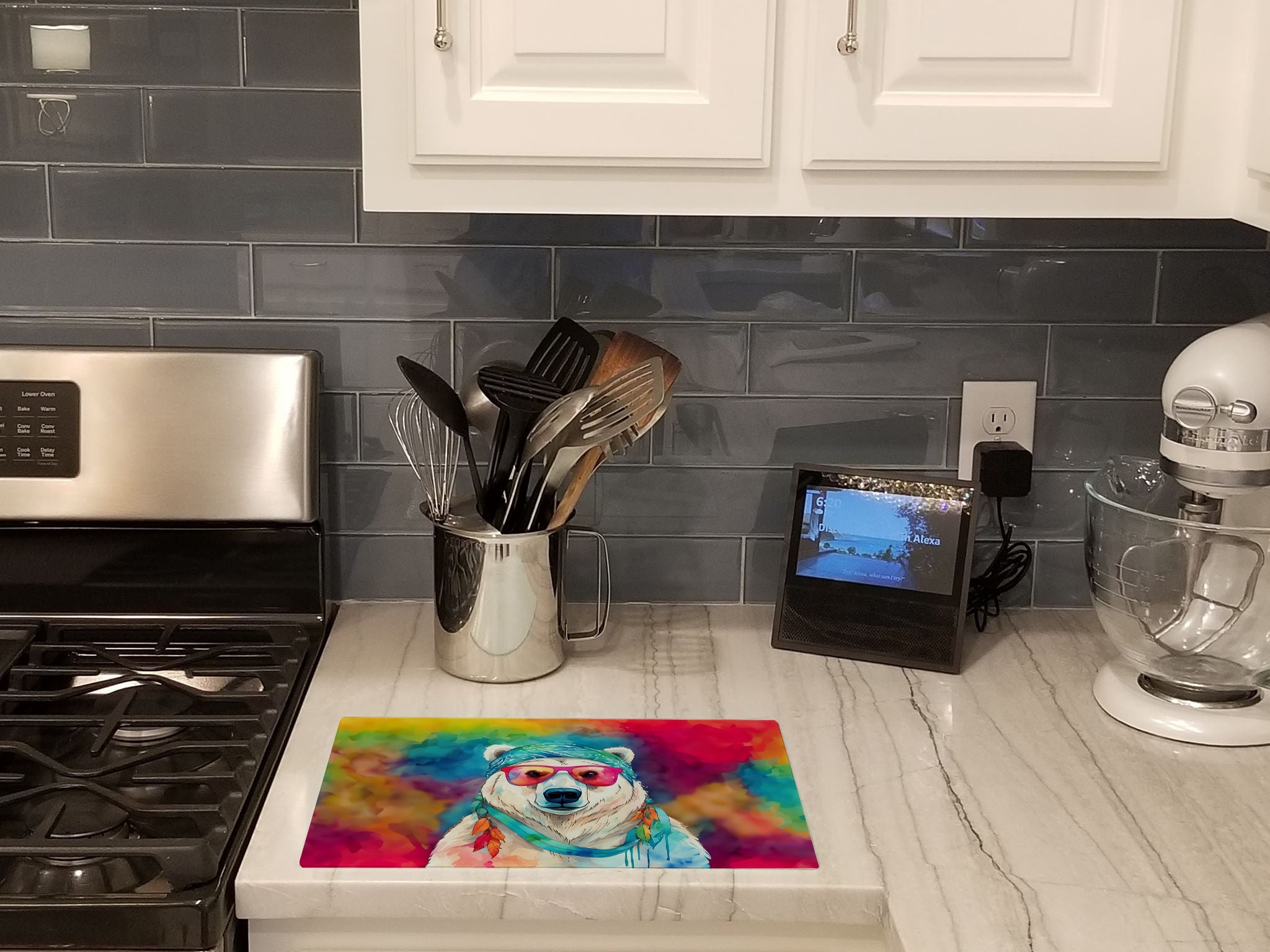 Hippie Animal Polar Bear Cutting Board Tempered Glass Kitchen Cutting Surface, Heat Resistant Chopping, Non-Slip Feet, Food Prep & Serving