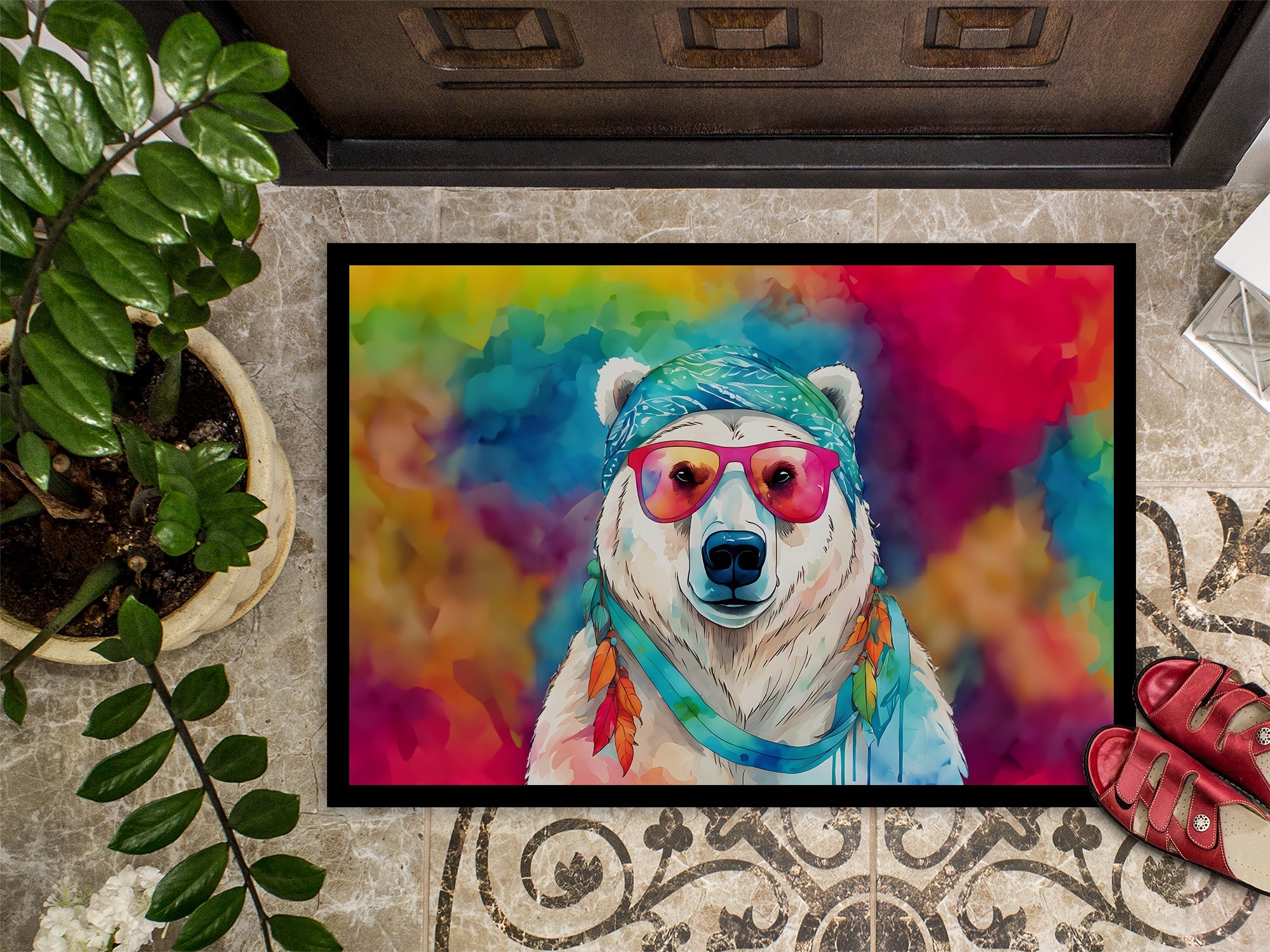 Hippie Animal Polar Bear Doormat Indoor Outdoor 18H X 27W Front Door Mat Rugs for Entryway, Non Slip Washable
