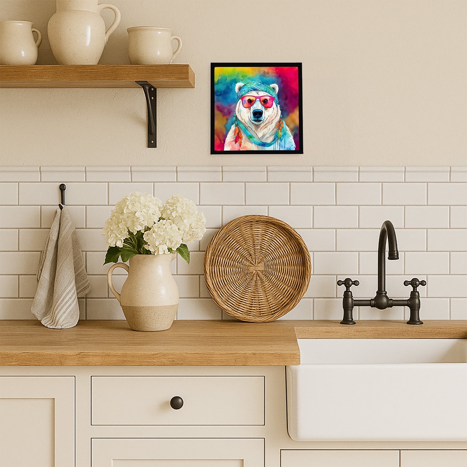 Hippie Animal Polar Bear Framed Metal Print Bathroom, Kitchen, Office, Home Decor Wall Art Ready to Hang, Square, 8X8
