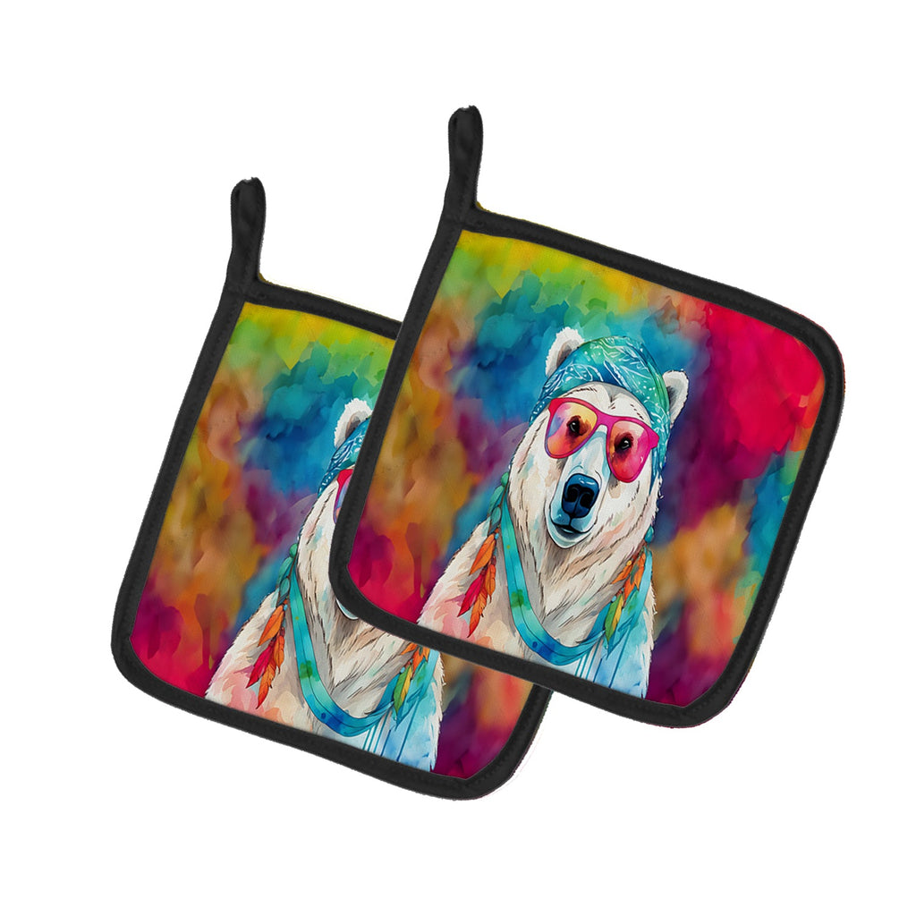 Hippie Animal Polar Bear Pot Holder Set of 2 Heat Resistant Quilted Hot Pads 7.5 x 7.5 Inch, Insulated Kitchen Trivets for Cooking & Baking