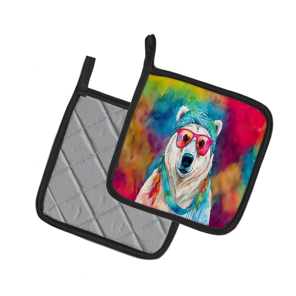 Hippie Animal Polar Bear Pot Holder Set of 2 Heat Resistant Quilted Hot Pads 7.5 x 7.5 Inch, Insulated Kitchen Trivets for Cooking & Baking