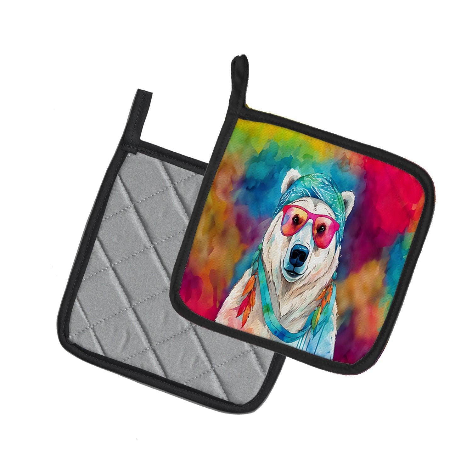 Hippie Animal Polar Bear Pot Holder Set of 2 Heat Resistant Quilted Hot Pads 7.5 x 7.5 Inch, Insulated Kitchen Trivets for Cooking & Baking