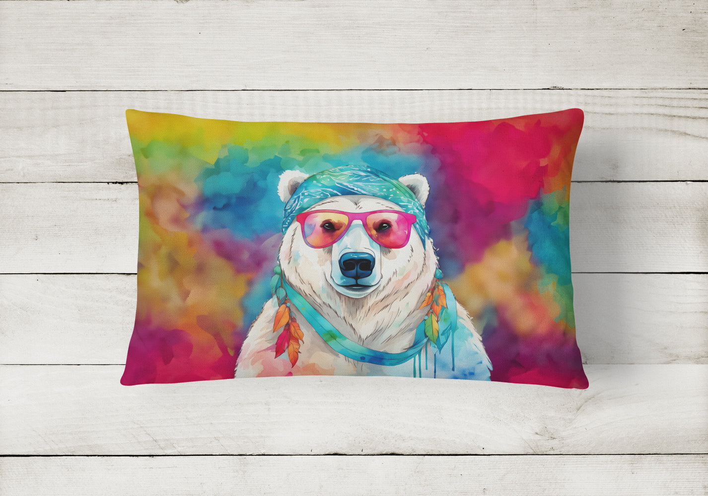 Hippie Animal Polar Bear Decorative Throw Pillow 12x16 Indoor Outdoor Accent Cushion, Fabric Cover with Insert for Sofa, Bed, Porch & Living Room