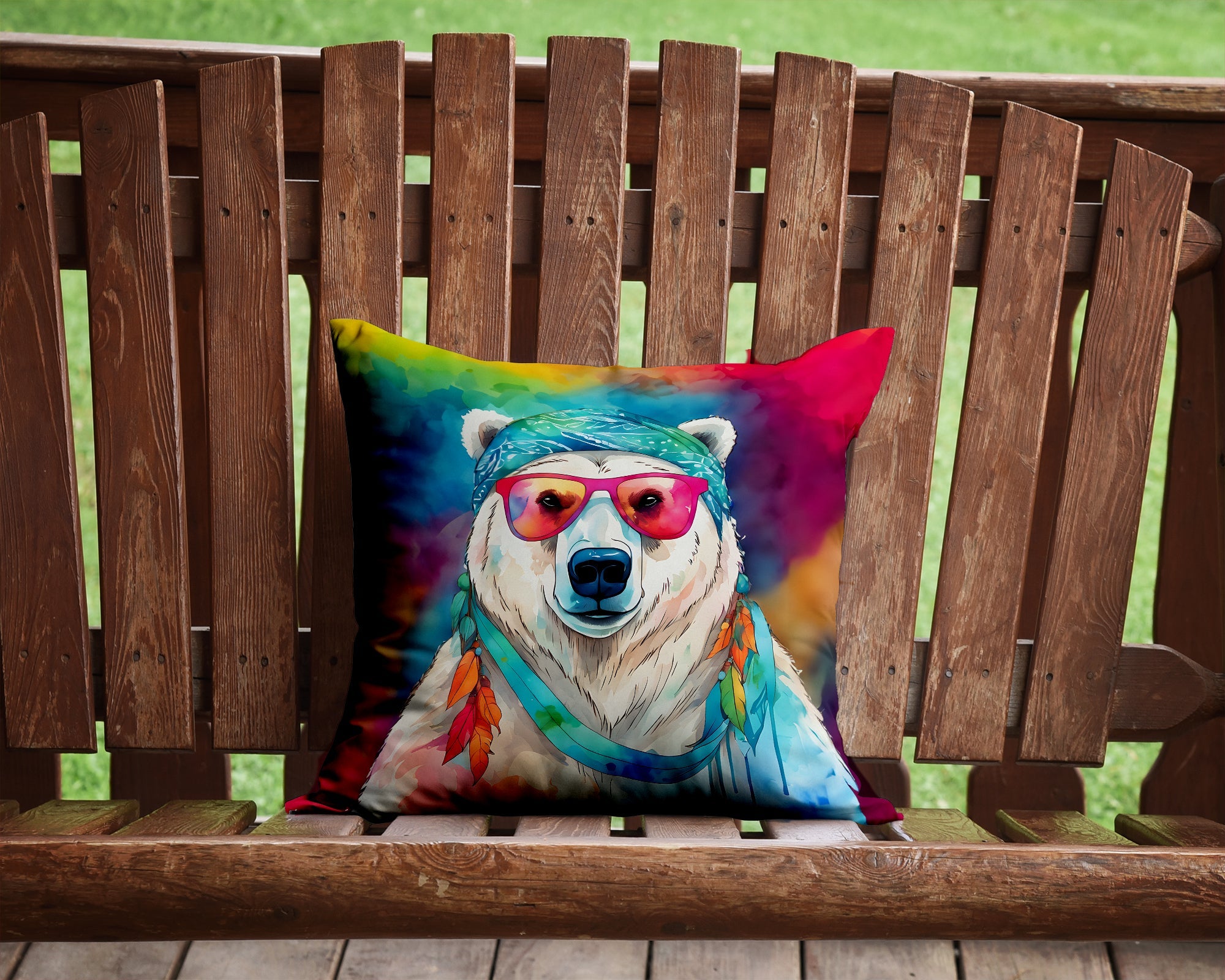 Hippie Animal Polar Bear Decorative Throw Pillow 14x14 Indoor Outdoor Accent Cushion, Fabric Cover with Insert for Sofa, Bed, Porch & Living Room