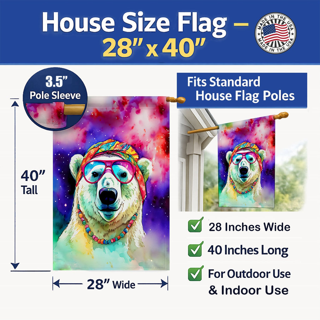 Hippie Animal Polar Bear House Flag 28x40 Porch Sleeve Pole Decorative Outside Yard Banner Artwork Wall Hanging, Polyester