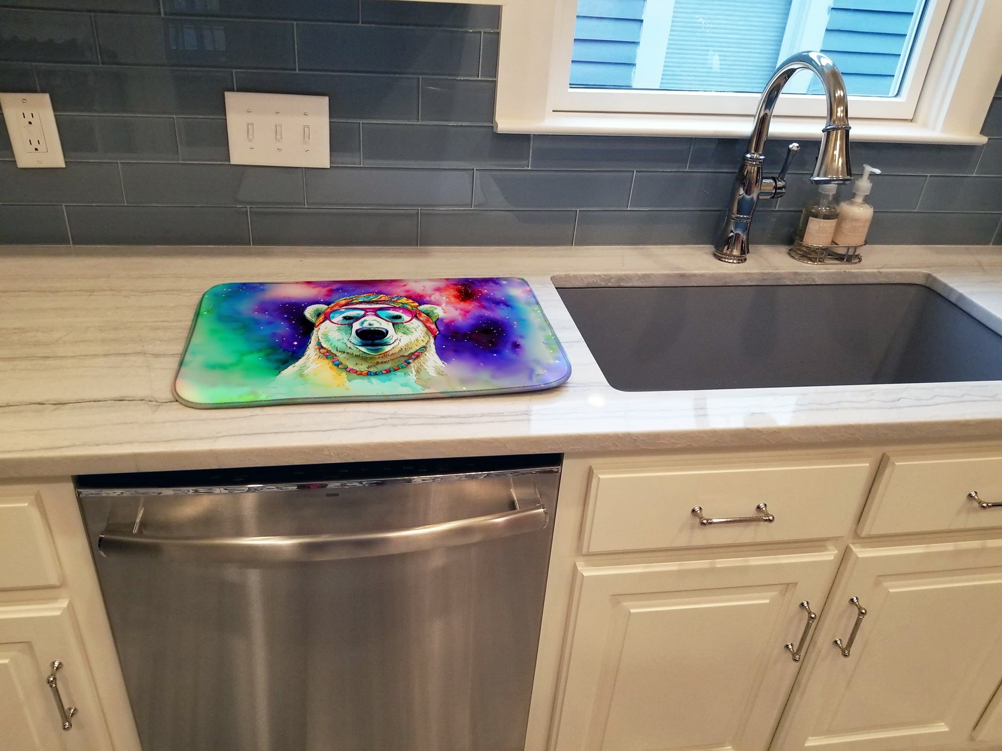 Hippie Animal Polar Bear Dish Drying Mat Absorbent Dish Drying Mat Pad for Kitchen Counter Dish Drainer Mat for Countertop, 14 x 21", Multicolor