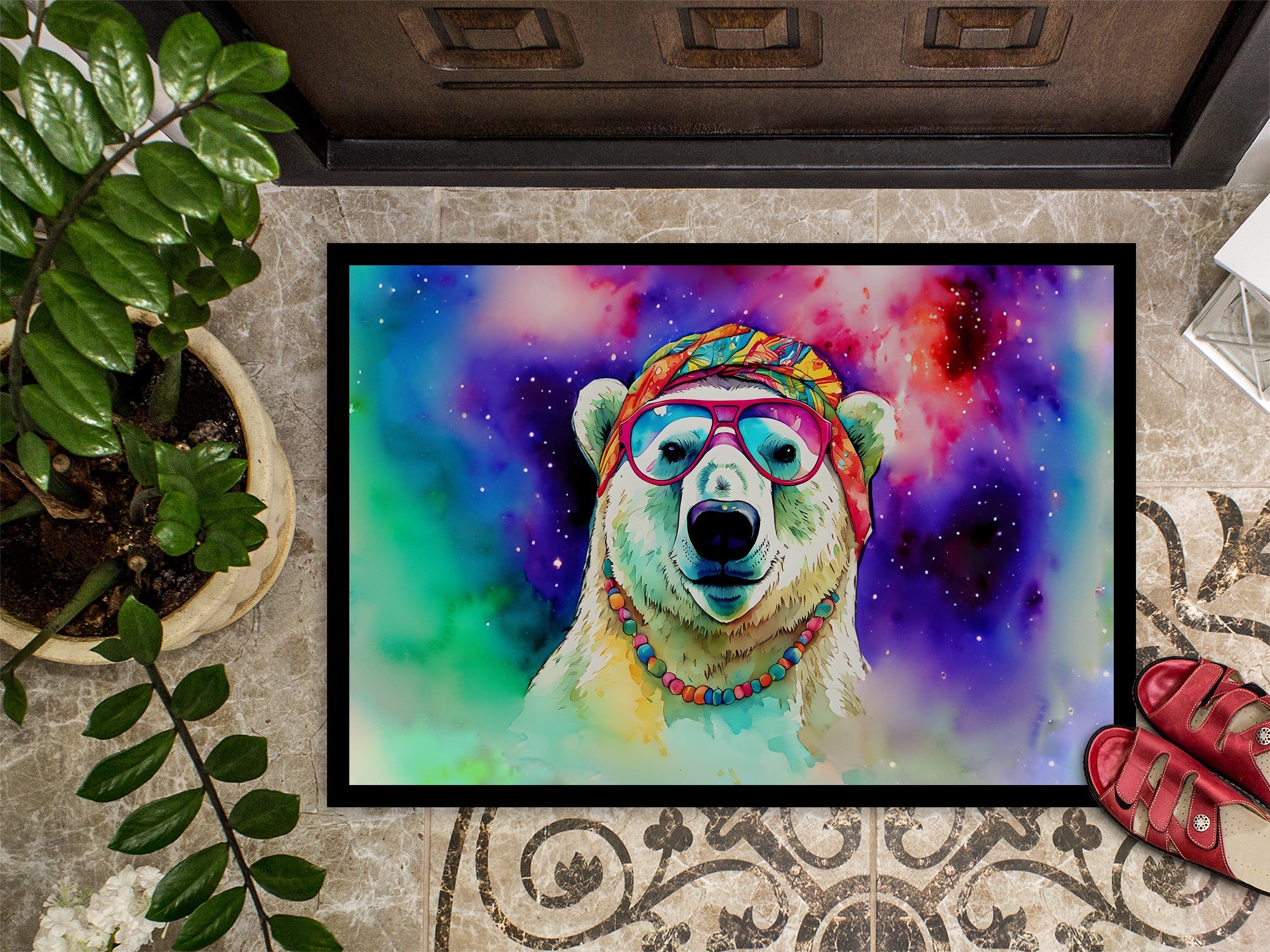 Hippie Animal Polar Bear Doormat Indoor Outdoor 24H X 36W Front Door Mat Rugs for Entryway, Non Slip Washable Low Pile,