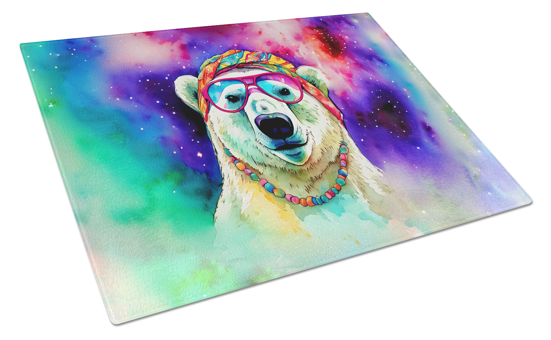 Hippie Animal Polar Bear Cutting Board Tempered Glass Kitchen Cutting Surface, Heat Resistant Chopping, Non-Slip Feet, Food Prep & Serving