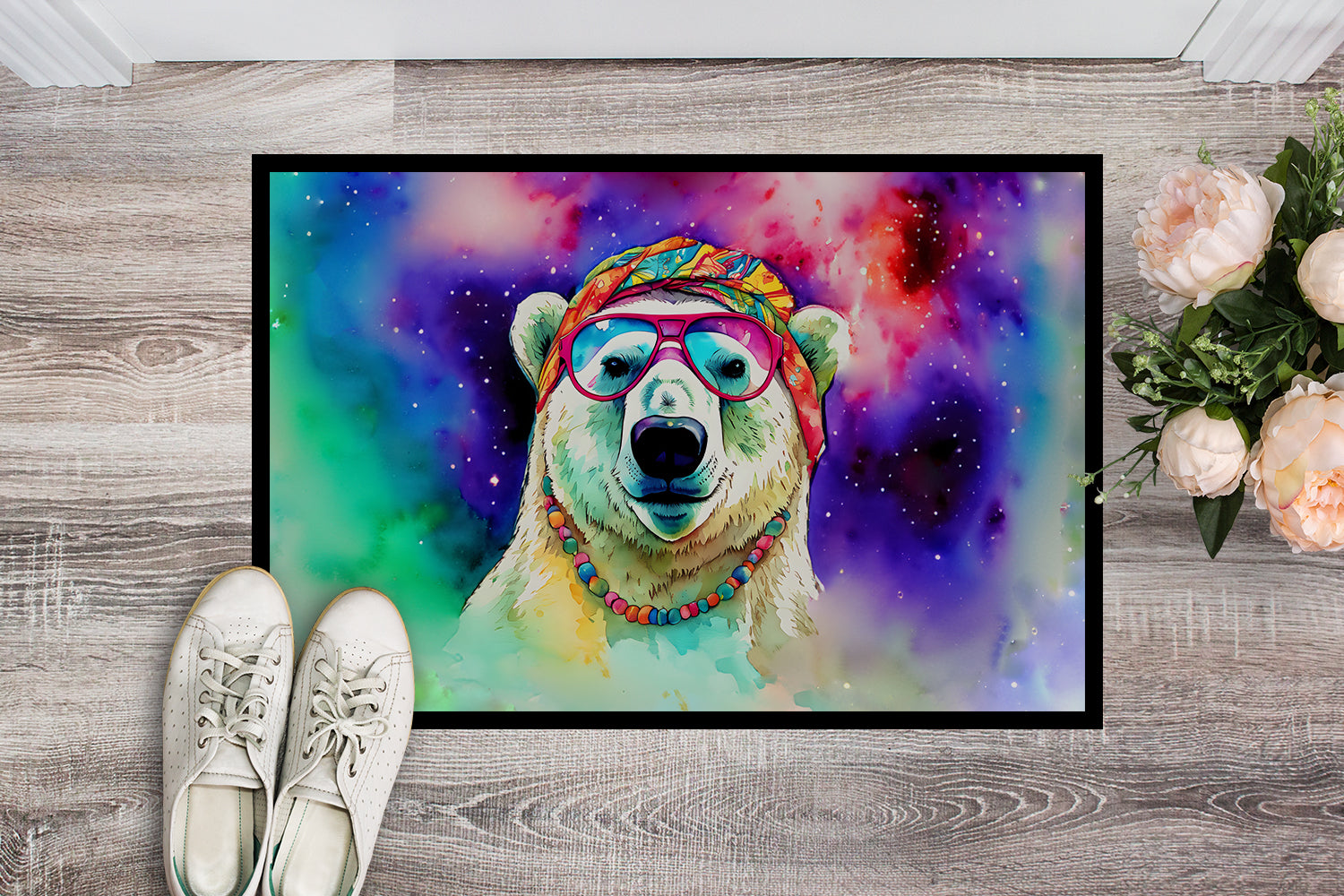 Hippie Animal Polar Bear Doormat Indoor Outdoor 18H X 27W Front Door Mat Rugs for Entryway, Non Slip Washable