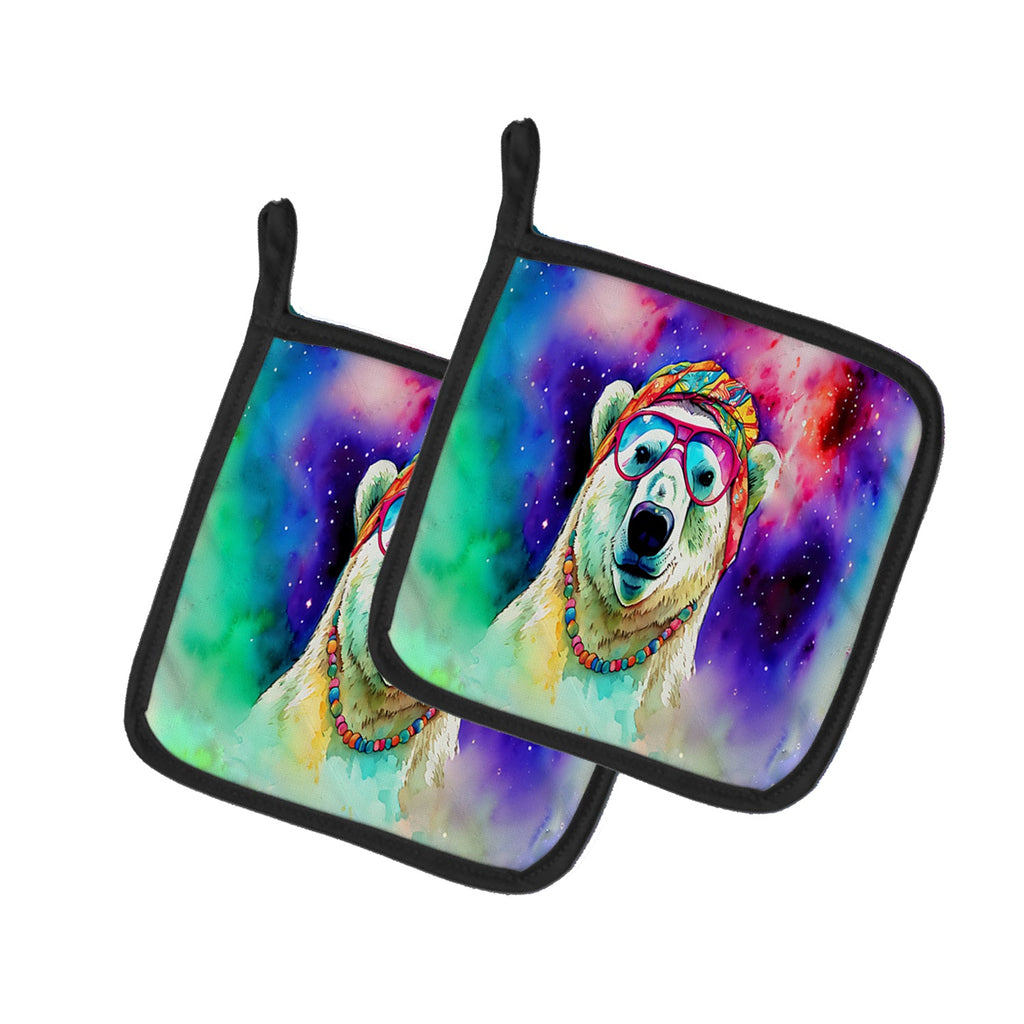 Hippie Animal Polar Bear Pot Holder Set of 2 Heat Resistant Quilted Hot Pads 7.5 x 7.5 Inch, Insulated Kitchen Trivets for Cooking & Baking