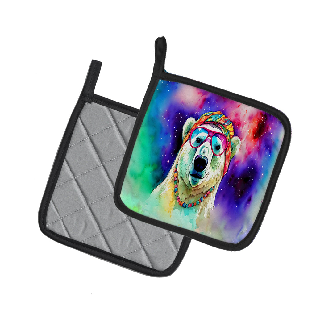Hippie Animal Polar Bear Pot Holder Set of 2 Heat Resistant Quilted Hot Pads 7.5 x 7.5 Inch, Insulated Kitchen Trivets for Cooking & Baking