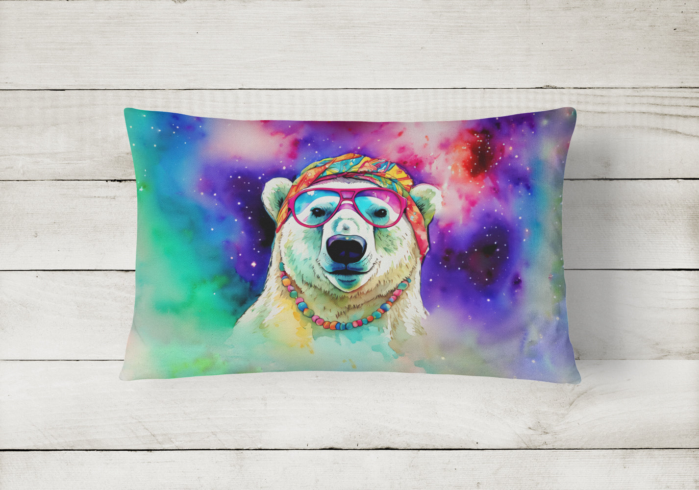 Hippie Animal Polar Bear Decorative Throw Pillow 12x16 Indoor Outdoor Accent Cushion, Fabric Cover with Insert for Sofa, Bed, Porch & Living Room