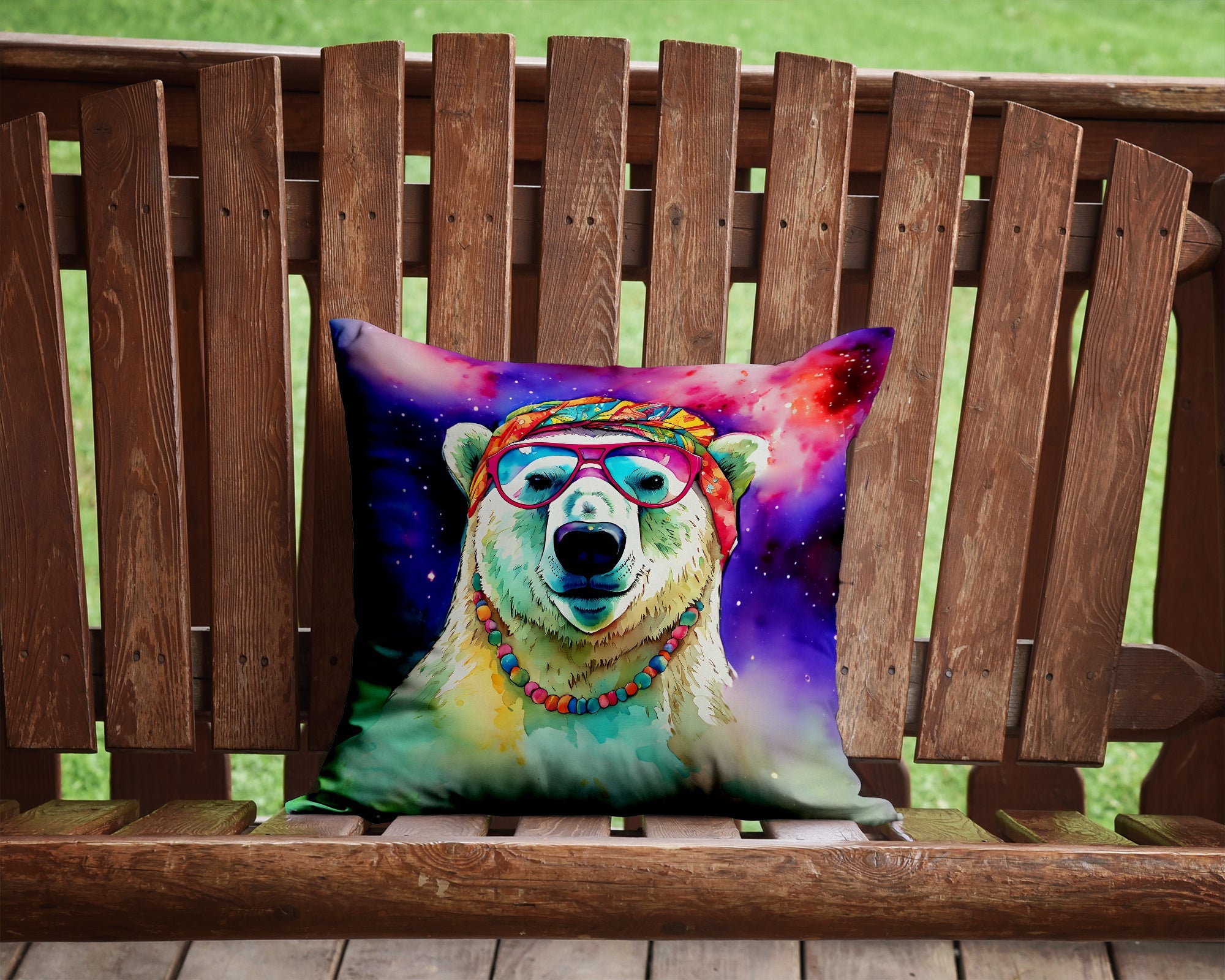 Hippie Animal Polar Bear Decorative Throw Pillow 14x14 Indoor Outdoor Accent Cushion, Fabric Cover with Insert for Sofa, Bed, Porch & Living Room