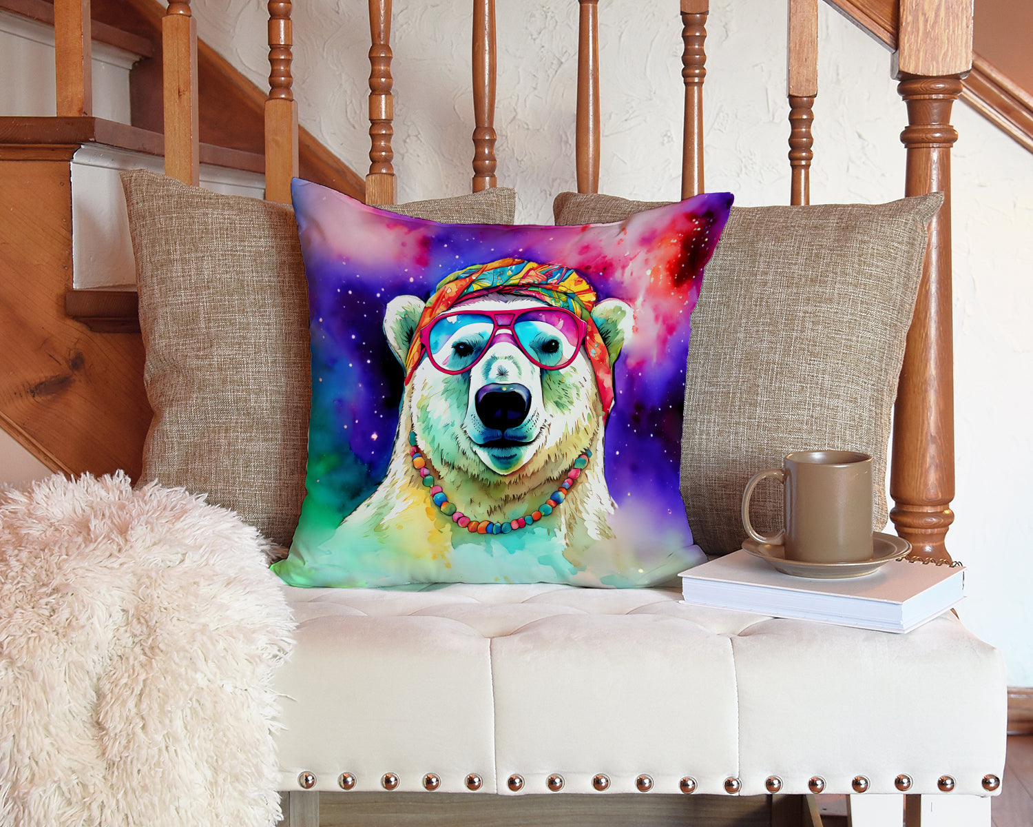Hippie Animal Polar Bear Decorative Throw Pillow 14x14 Indoor Outdoor Accent Cushion, Fabric Cover with Insert for Sofa, Bed, Porch & Living Room