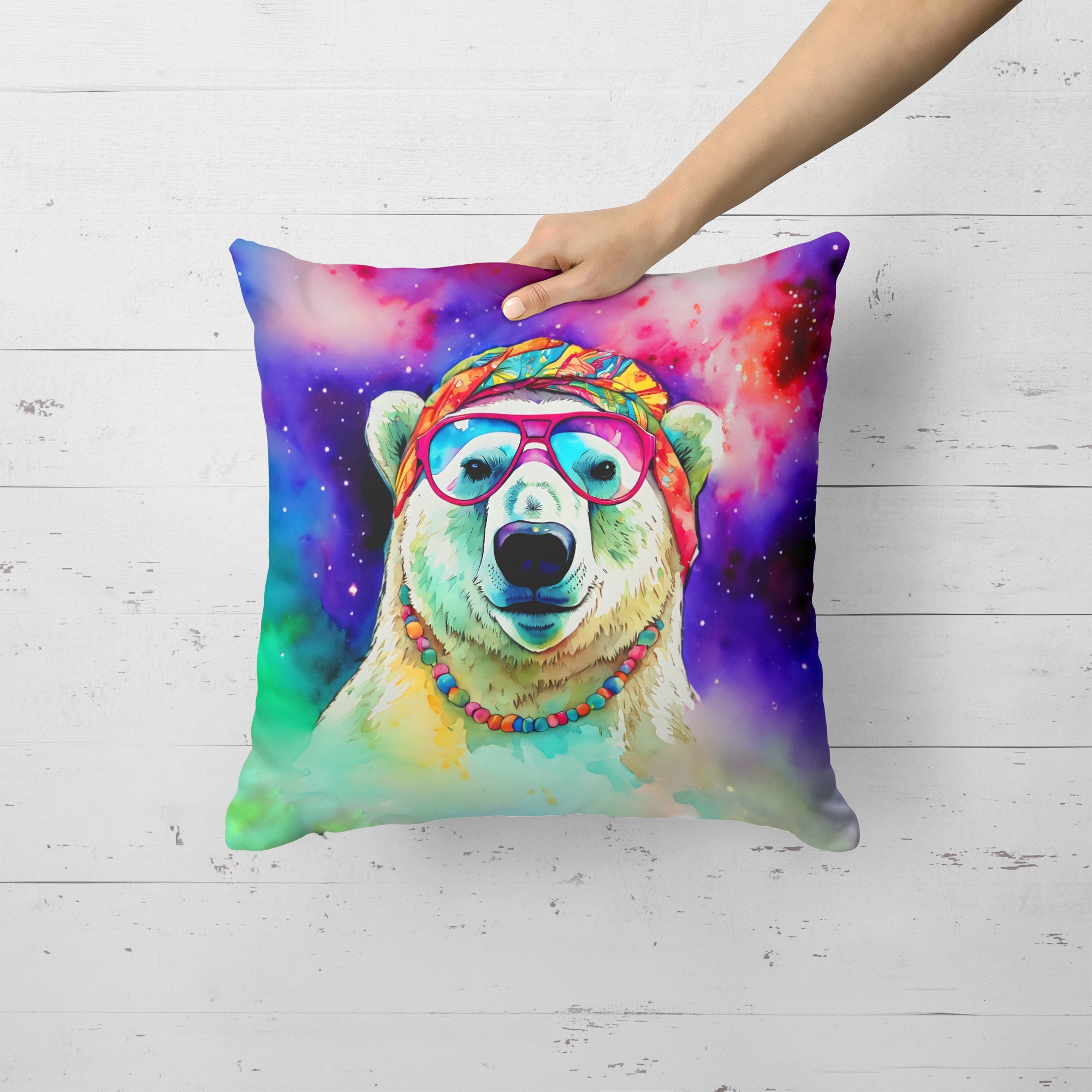 Hippie Animal Polar Bear Decorative Throw Pillow 18x18 Indoor Outdoor Accent Cushion, Fabric Cover with Insert for Sofa, Bed, Porch & Living Room