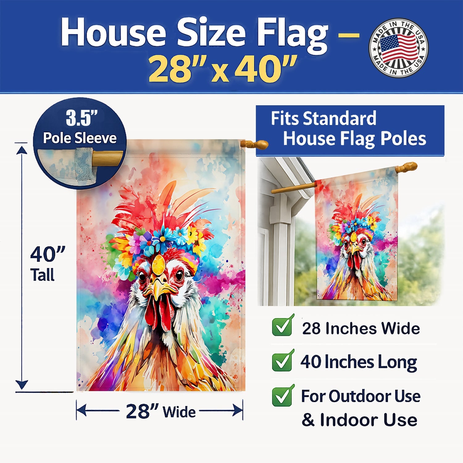 Hippie Animal Polish Poland Rooster House Flag 28x40 Porch Sleeve Pole Decorative Outside Yard Banner Artwork Wall Hanging, Polyester