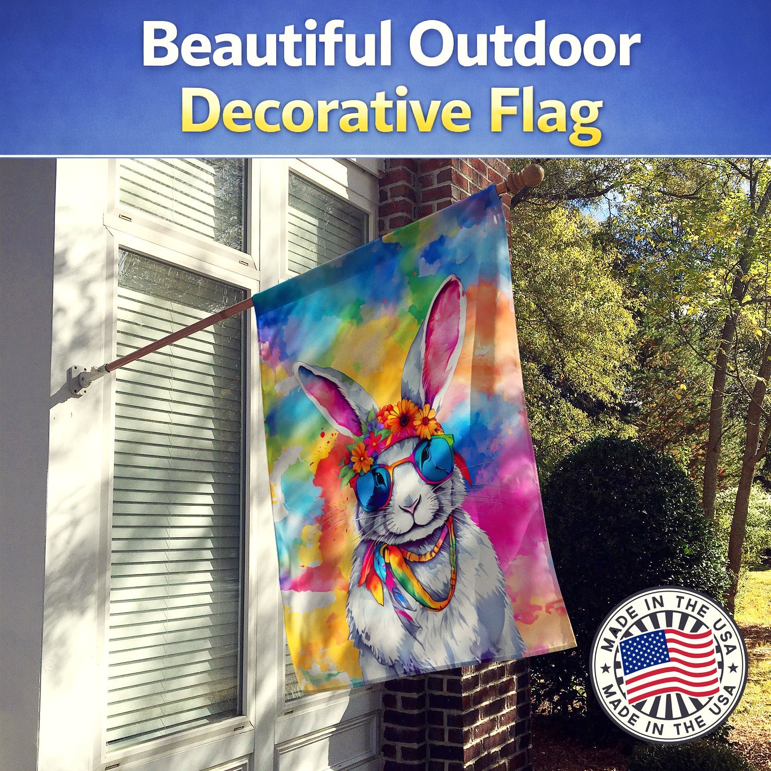 Hippie Animal Rabbit House Flag 28x40 Porch Sleeve Pole Decorative Outside Yard Banner Artwork Wall Hanging, Polyester