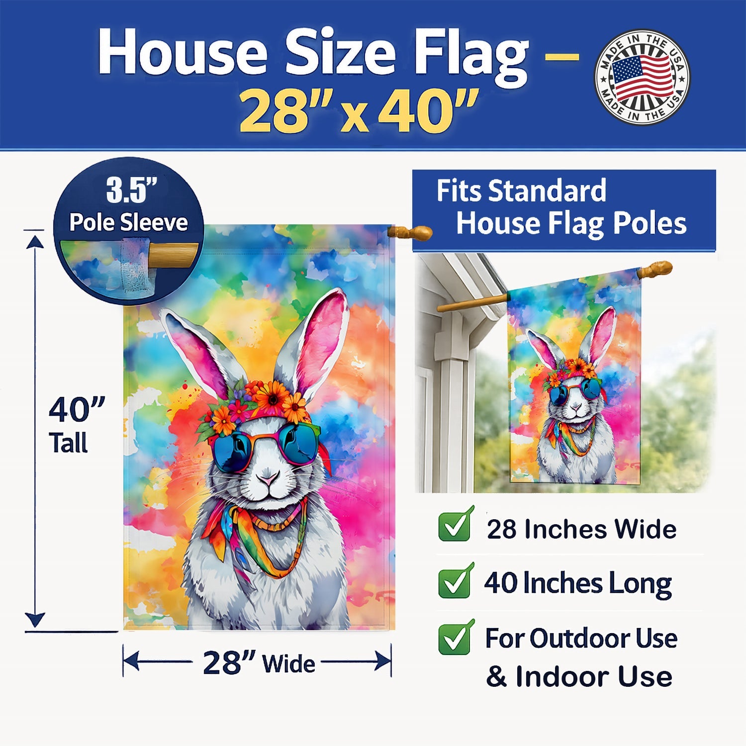 Hippie Animal Rabbit House Flag 28x40 Porch Sleeve Pole Decorative Outside Yard Banner Artwork Wall Hanging, Polyester