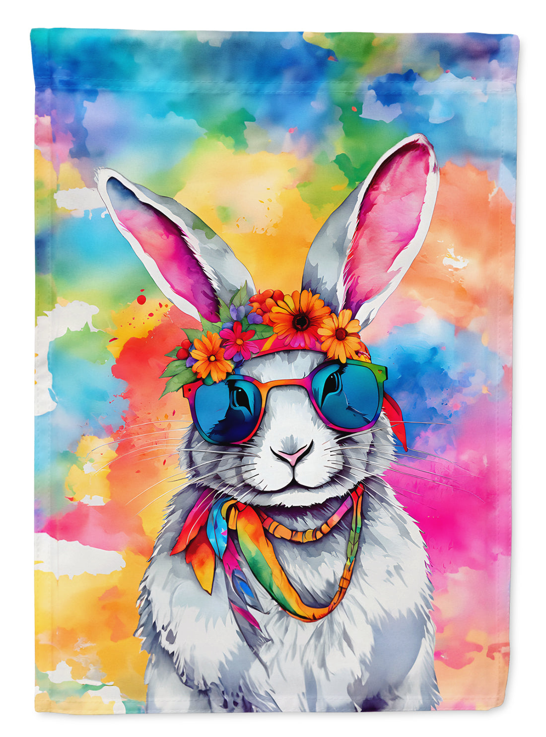 Hippie Animal Rabbit House Flag 28x40 Porch Sleeve Pole Decorative Outside Yard Banner Artwork Wall Hanging, Polyester