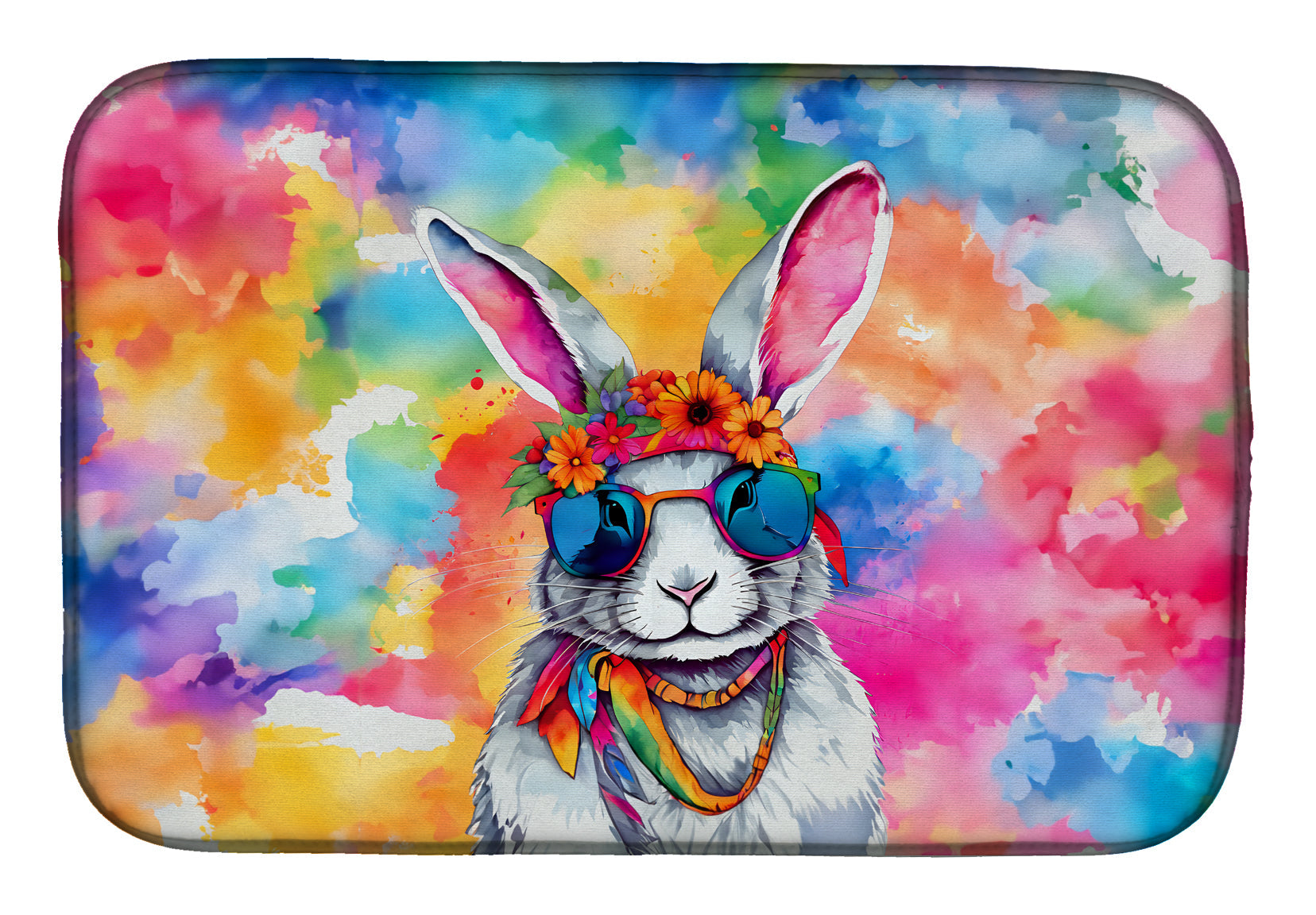 Hippie Animal Rabbit Dish Drying Mat Absorbent Dish Drying Mat Pad for Kitchen Counter Dish Drainer Mat for Countertop, 14 x 21", Multicolor