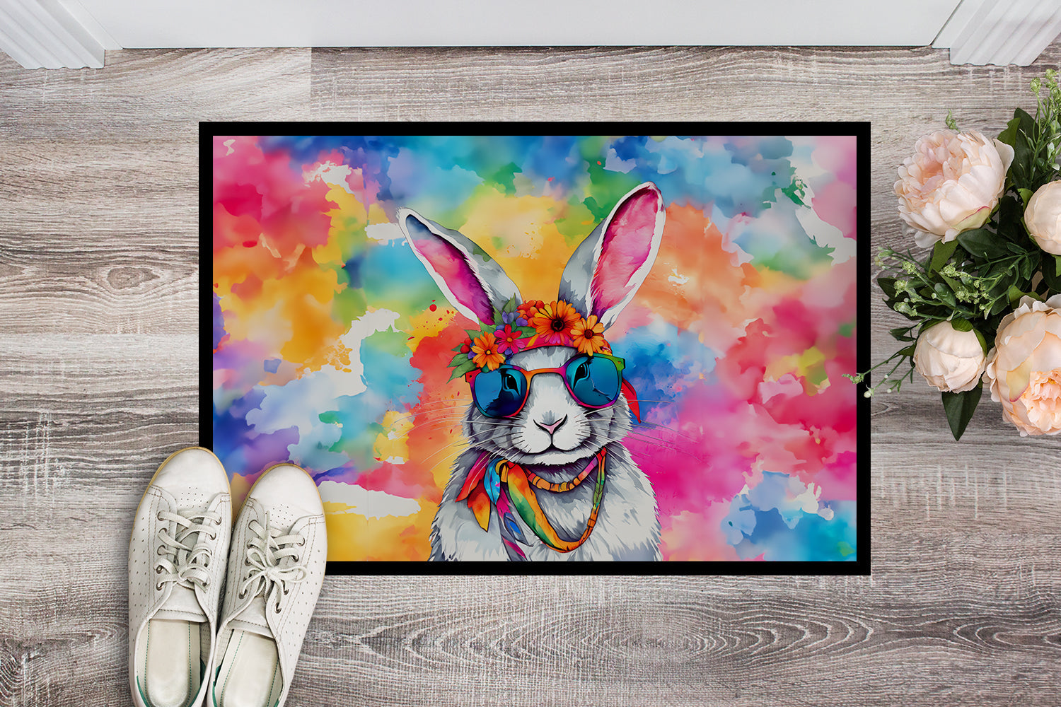 Hippie Animal Rabbit Doormat Indoor Outdoor 18H X 27W Front Door Mat Rugs for Entryway, Non Slip Washable