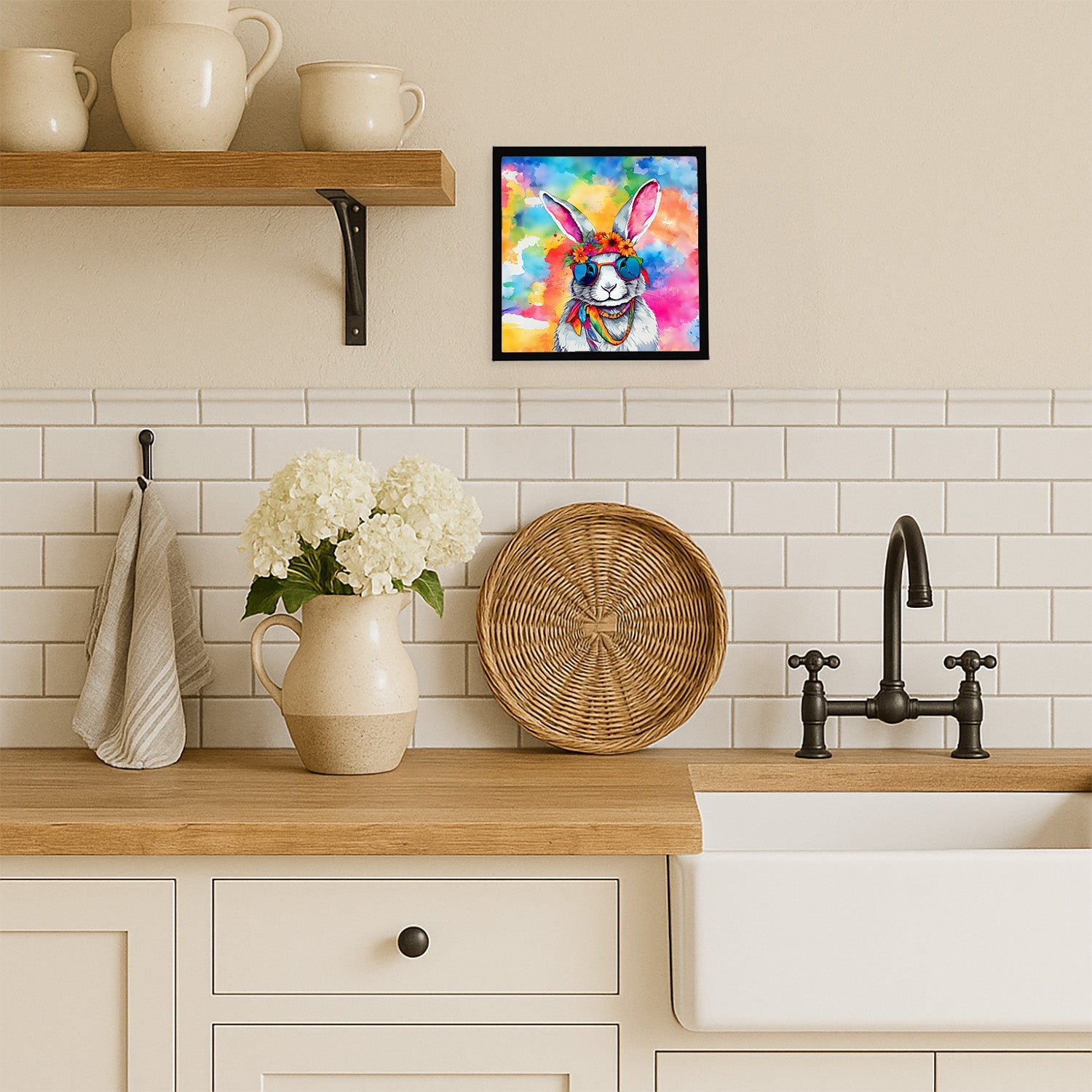 Hippie Animal Rabbit Framed Metal Print Bathroom, Kitchen, Office, Home Decor Wall Art Ready to Hang, Square, 8X8