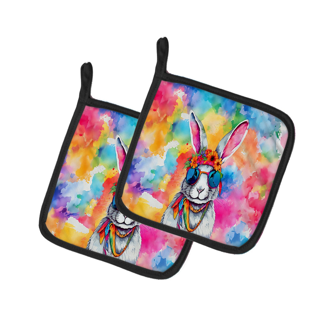 Hippie Animal Rabbit Pot Holder Set of 2 Heat Resistant Quilted Hot Pads 7.5 x 7.5 Inch, Insulated Kitchen Trivets for Cooking & Baking