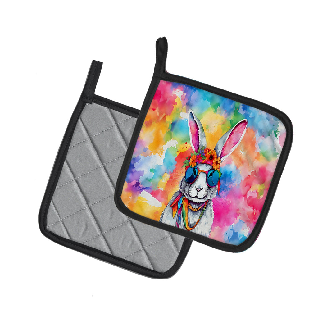 Hippie Animal Rabbit Pot Holder Set of 2 Heat Resistant Quilted Hot Pads 7.5 x 7.5 Inch, Insulated Kitchen Trivets for Cooking & Baking