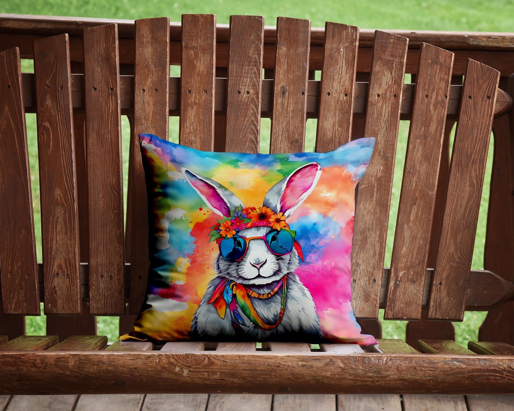 Hippie Animal Rabbit Decorative Throw Pillow 14x14 Indoor Outdoor Accent Cushion, Fabric Cover with Insert for Sofa, Bed, Porch & Living Room