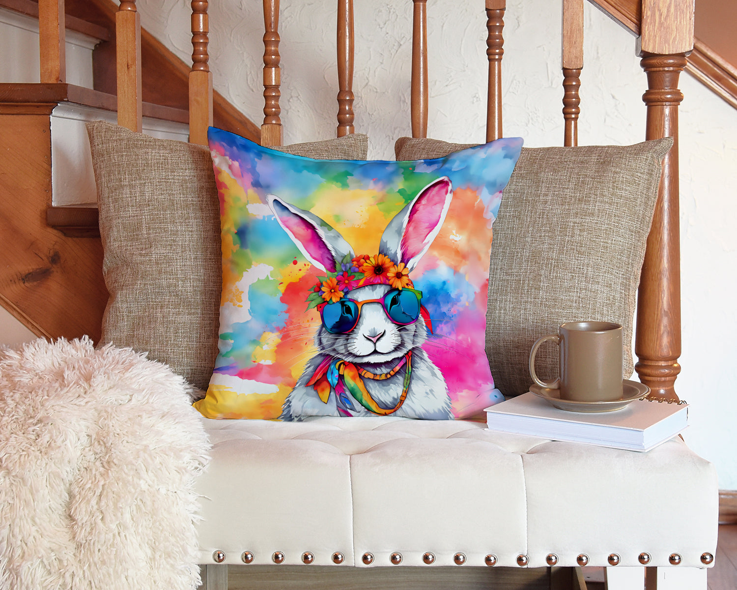 Hippie Animal Rabbit Decorative Throw Pillow 14x14 Indoor Outdoor Accent Cushion, Fabric Cover with Insert for Sofa, Bed, Porch & Living Room