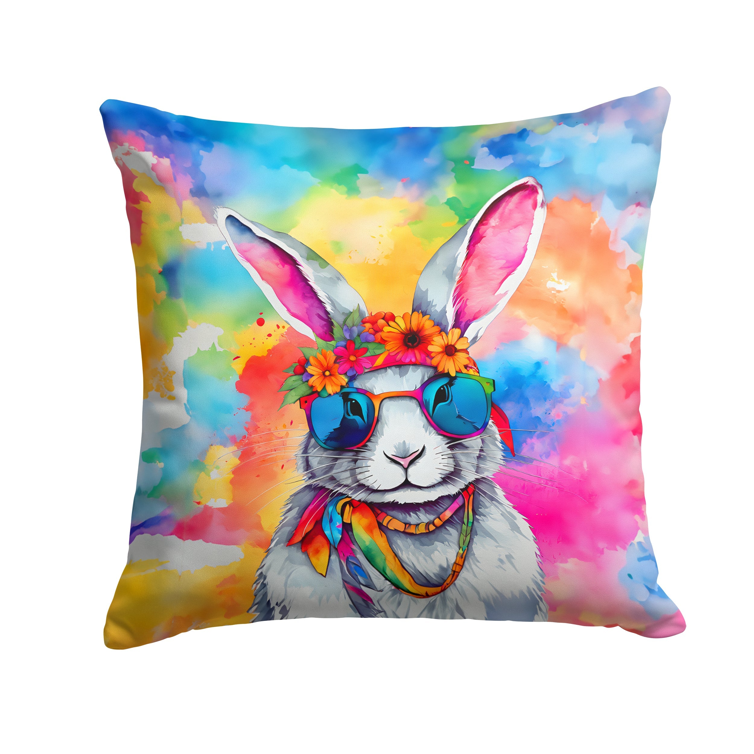 Hippie Animal Rabbit Decorative Throw Pillow 18x18 Indoor Outdoor Accent Cushion, Fabric Cover with Insert for Sofa, Bed, Porch & Living Room