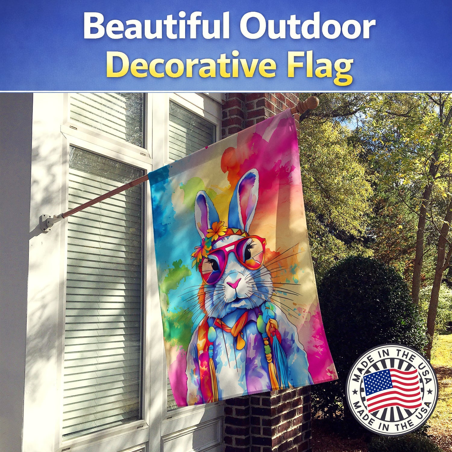 Hippie Animal Rabbit House Flag 28x40 Porch Sleeve Pole Decorative Outside Yard Banner Artwork Wall Hanging, Polyester