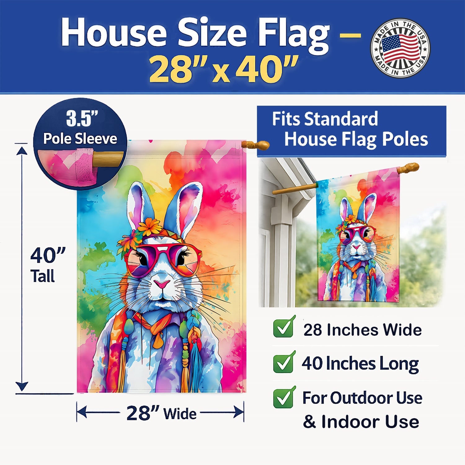 Hippie Animal Rabbit House Flag 28x40 Porch Sleeve Pole Decorative Outside Yard Banner Artwork Wall Hanging, Polyester