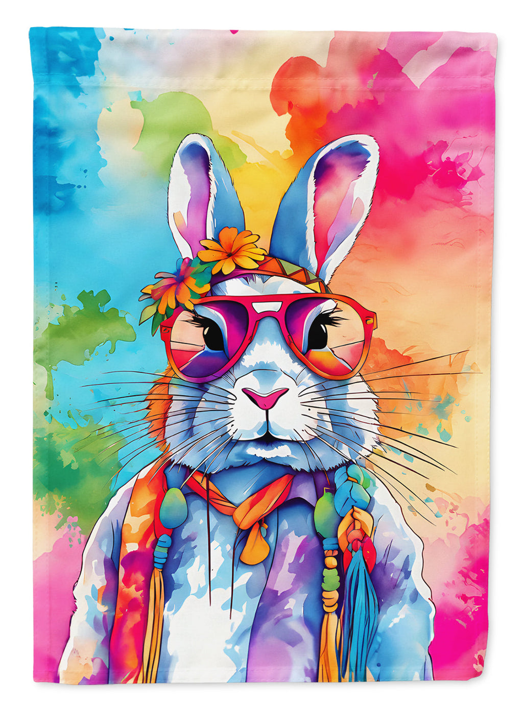 Hippie Animal Rabbit House Flag 28x40 Porch Sleeve Pole Decorative Outside Yard Banner Artwork Wall Hanging, Polyester