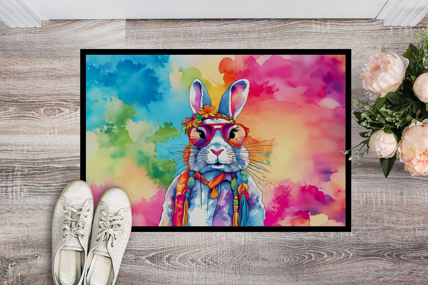 Hippie Animal Rabbit Doormat Indoor Outdoor 18H X 27W Front Door Mat Rugs for Entryway, Non Slip Washable