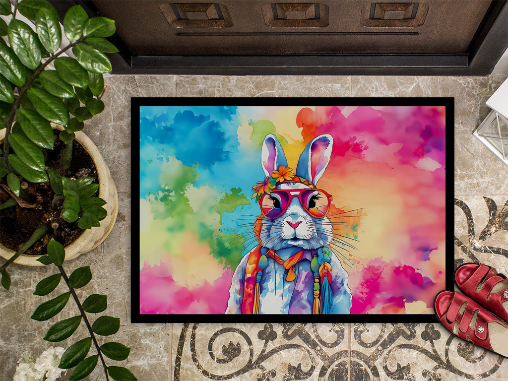 Hippie Animal Rabbit Doormat Indoor Outdoor 18H X 27W Front Door Mat Rugs for Entryway, Non Slip Washable