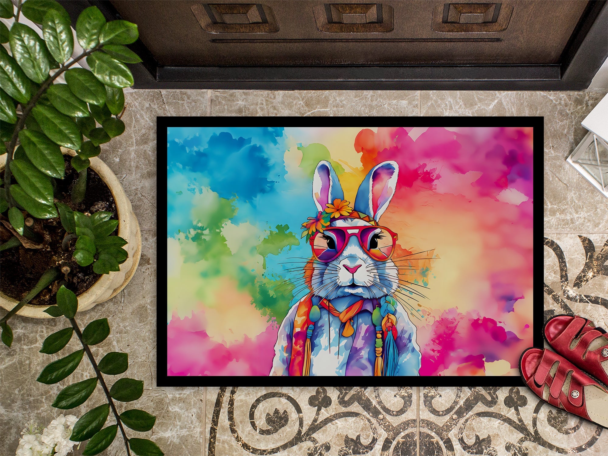 Hippie Animal Rabbit Doormat Indoor Outdoor 18H X 27W Front Door Mat Rugs for Entryway, Non Slip Washable