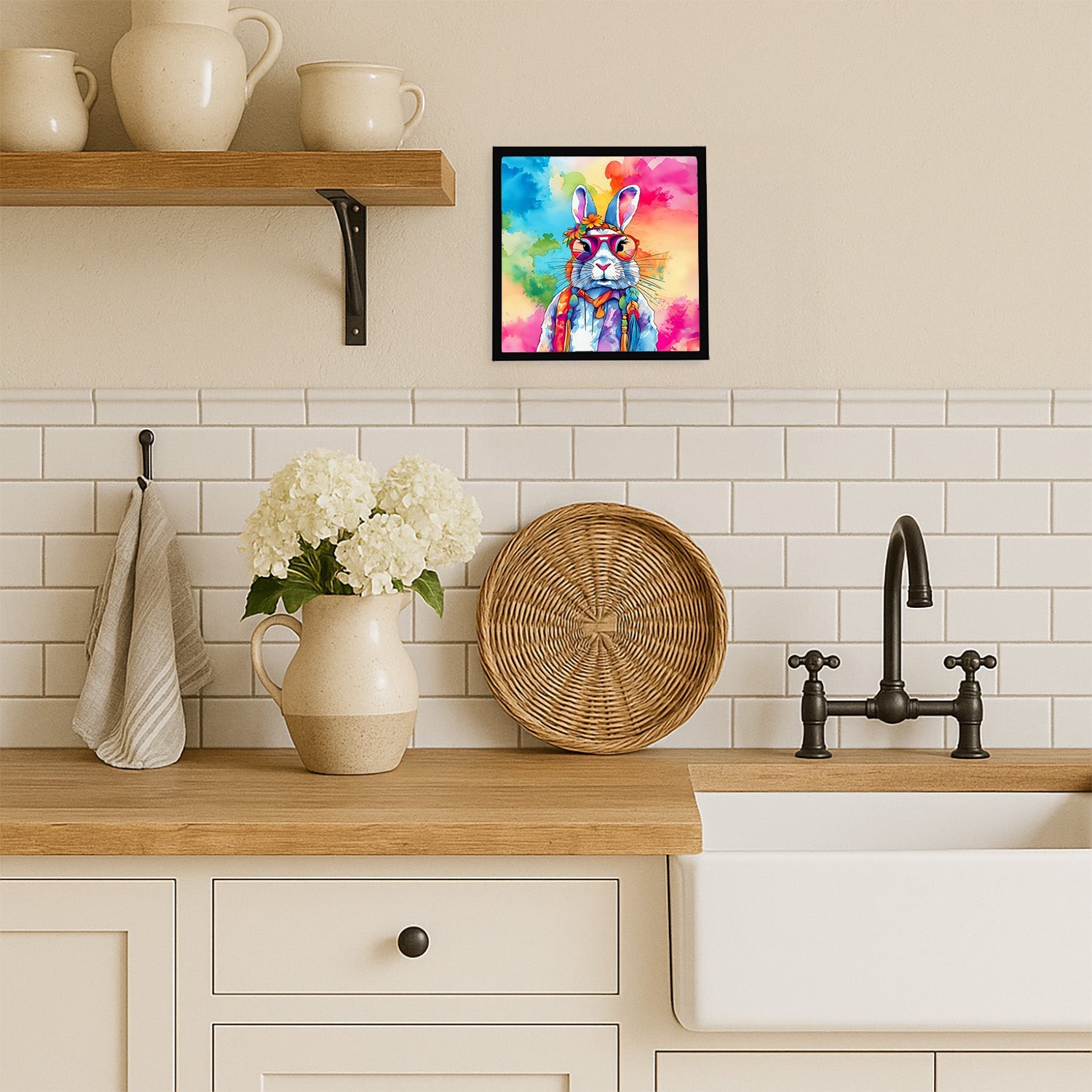 Hippie Animal Rabbit Framed Metal Print Bathroom, Kitchen, Office, Home Decor Wall Art Ready to Hang, Square, 8X8